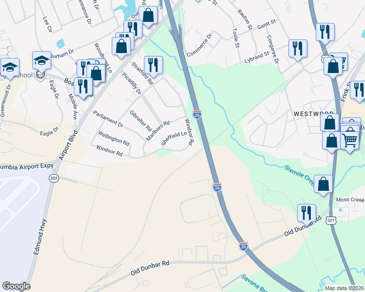 map of restaurants, bars, coffee shops, grocery stores, and more near 2221 Windsor Drive in Cayce