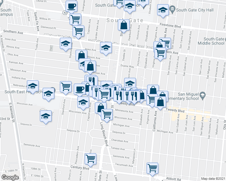 map of restaurants, bars, coffee shops, grocery stores, and more near 3233 Tweedy Boulevard in South Gate