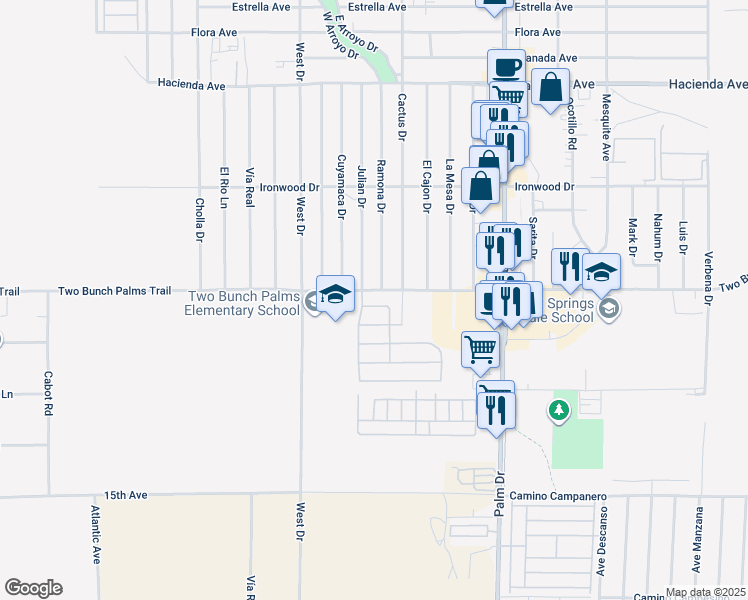 map of restaurants, bars, coffee shops, grocery stores, and more near 66208 Palo Verde Trail in Desert Hot Springs