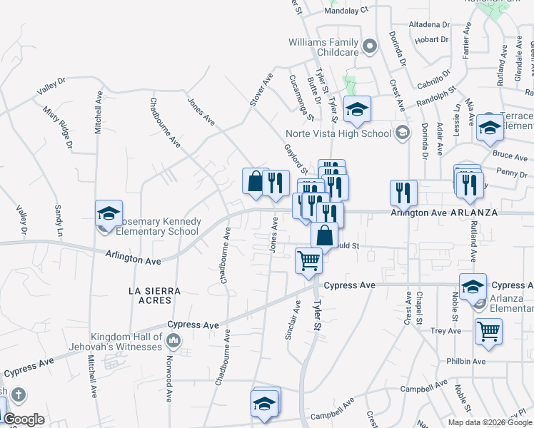 map of restaurants, bars, coffee shops, grocery stores, and more near 10410 Arlington Avenue in Riverside