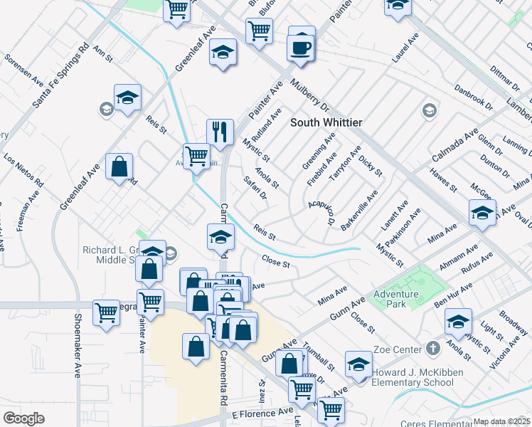 map of restaurants, bars, coffee shops, grocery stores, and more near 9832 Hawkstone Avenue in Whittier