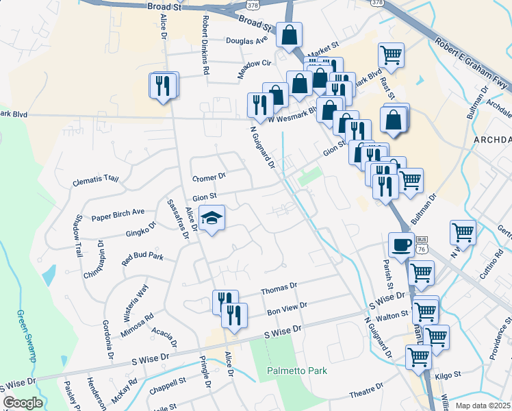 map of restaurants, bars, coffee shops, grocery stores, and more near 2141 Tudor Street in Sumter