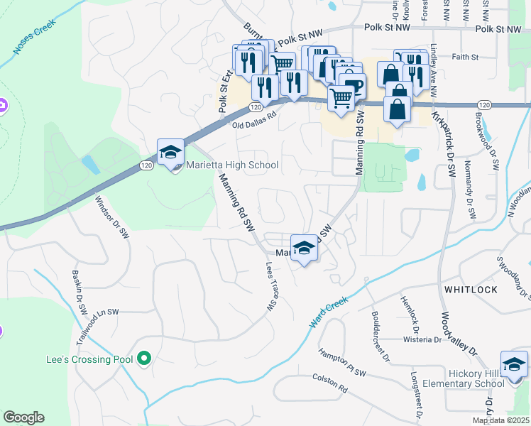 map of restaurants, bars, coffee shops, grocery stores, and more near 154 Kimberly Way Southwest in Marietta