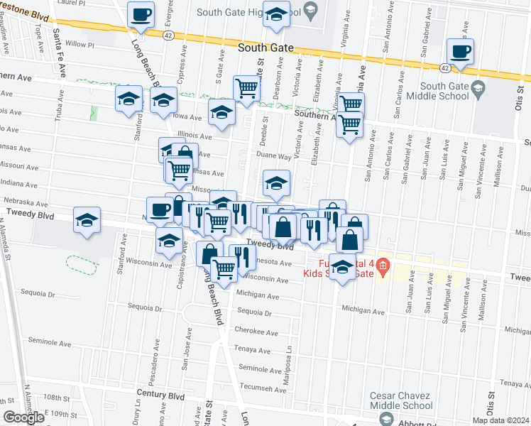 map of restaurants, bars, coffee shops, grocery stores, and more near 9733 Dearborn Avenue in South Gate