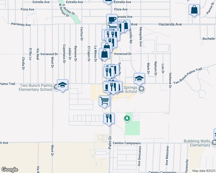 map of restaurants, bars, coffee shops, grocery stores, and more near 14001 Palm Drive in Desert Hot Springs