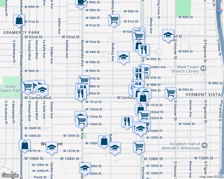map of restaurants, bars, coffee shops, grocery stores, and more near 9805 Budlong Avenue in Los Angeles
