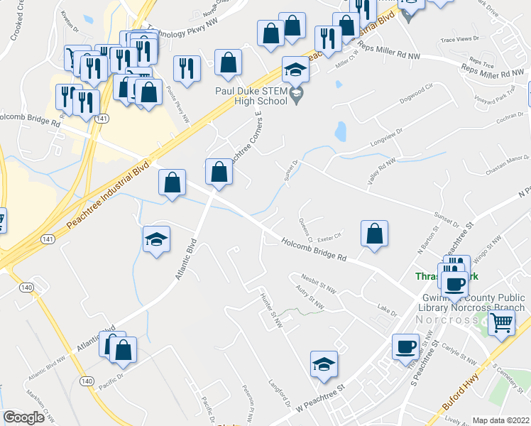map of restaurants, bars, coffee shops, grocery stores, and more near 772 Holcomb Bridge Road in Norcross
