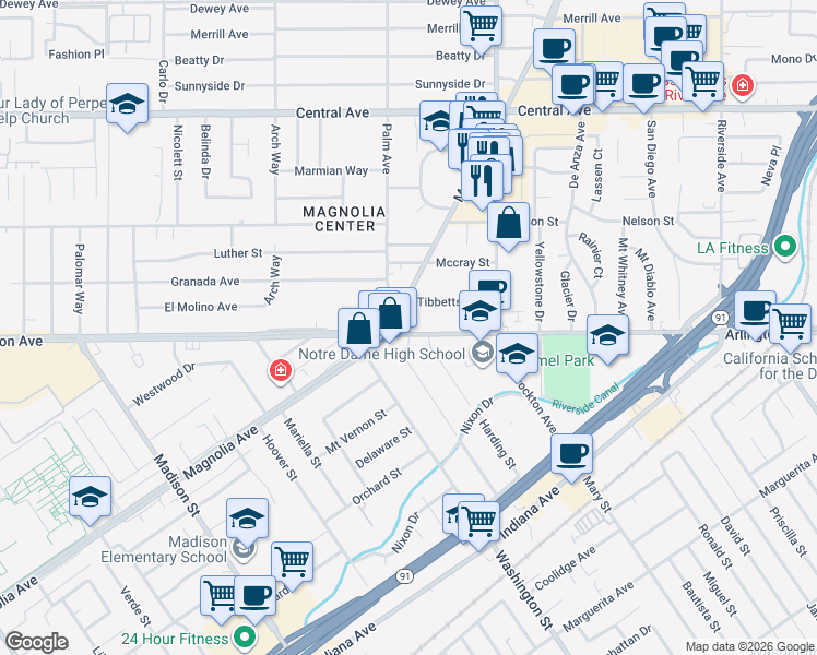 map of restaurants, bars, coffee shops, grocery stores, and more near 3787 Arlington Avenue in Riverside