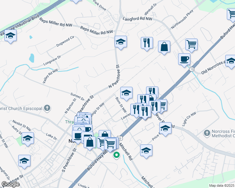 map of restaurants, bars, coffee shops, grocery stores, and more near 53 Born Street Northwest in Norcross