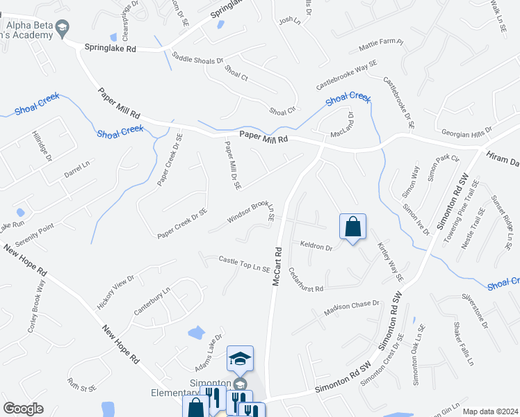 map of restaurants, bars, coffee shops, grocery stores, and more near 425 Windsor Brook Lane Southeast in Lawrenceville