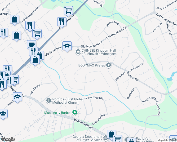 map of restaurants, bars, coffee shops, grocery stores, and more near 2541 Bailey Drive Northwest in Norcross