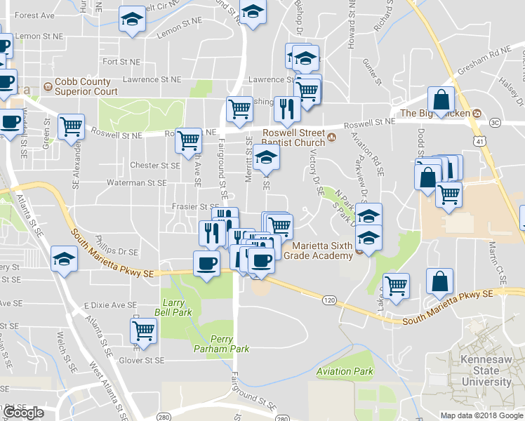 map of restaurants, bars, coffee shops, grocery stores, and more near 655 Frasier Street in Marietta