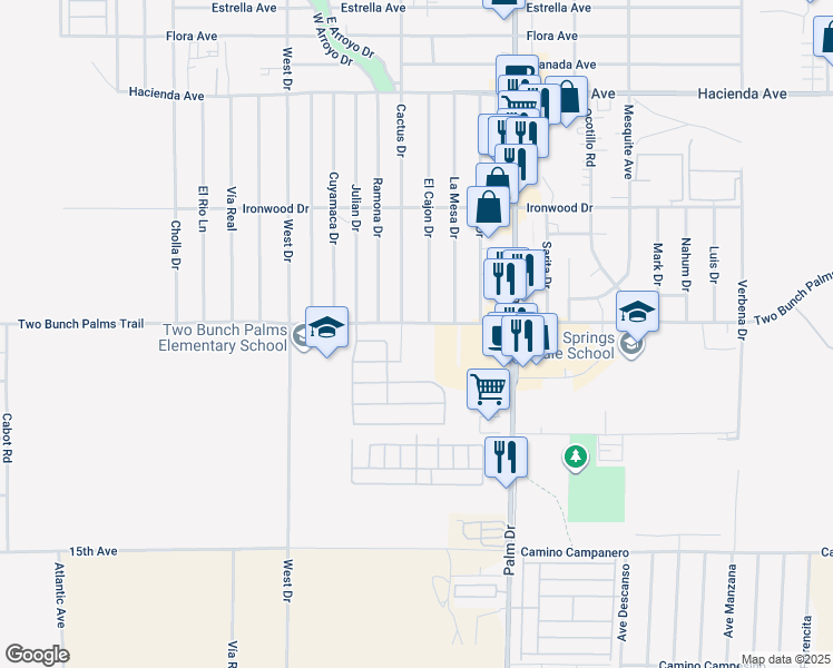 map of restaurants, bars, coffee shops, grocery stores, and more near 66311 Two Bunch Palms Trail in Desert Hot Springs