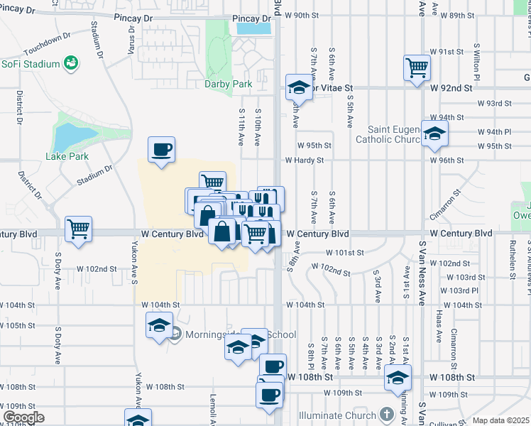 map of restaurants, bars, coffee shops, grocery stores, and more near 3116 West 99th Street in Inglewood
