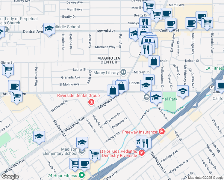 map of restaurants, bars, coffee shops, grocery stores, and more near Palm Court in Riverside