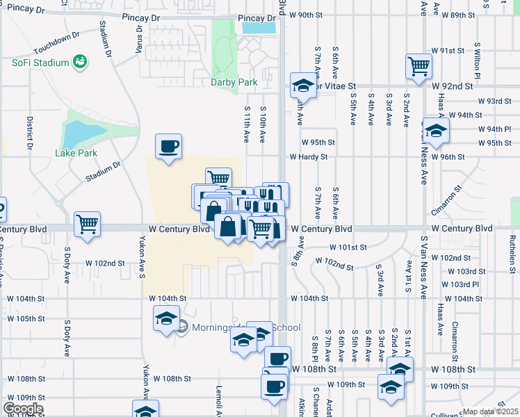 map of restaurants, bars, coffee shops, grocery stores, and more near 3200 West 99th Street in Inglewood