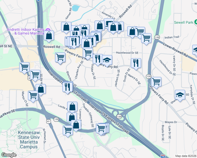 map of restaurants, bars, coffee shops, grocery stores, and more near 1536 Saint John Avenue Southeast in Marietta
