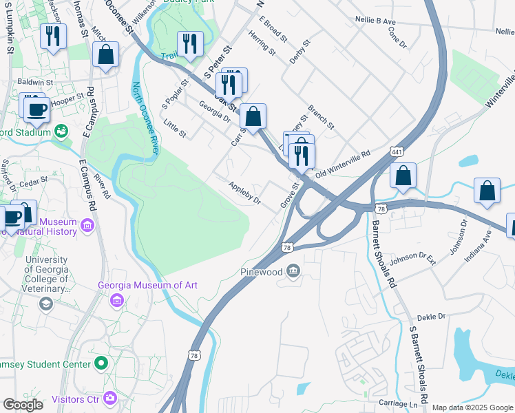 map of restaurants, bars, coffee shops, grocery stores, and more near 155 Appleby Drive in Athens