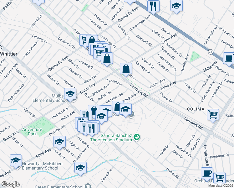 map of restaurants, bars, coffee shops, grocery stores, and more near 9651 Ben Hur Avenue in Whittier