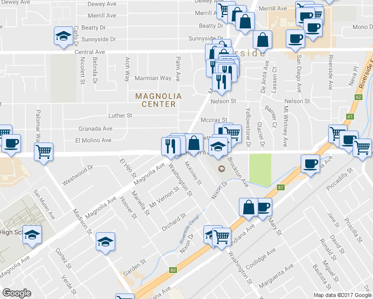 map of restaurants, bars, coffee shops, grocery stores, and more near 3787 Arlington Avenue in Riverside