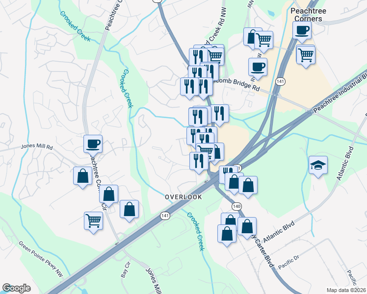 map of restaurants, bars, coffee shops, grocery stores, and more near 3267 Hidden Cove Circle Northwest in Peachtree Corners