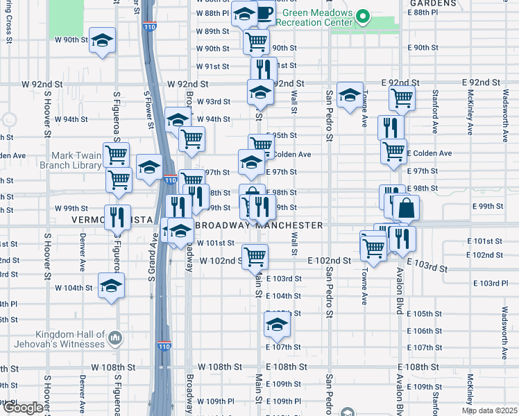 map of restaurants, bars, coffee shops, grocery stores, and more near South Main Street & West 99th Street & East 99th Street in Los Angeles
