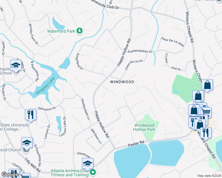 map of restaurants, bars, coffee shops, grocery stores, and more near 5063 Chestnut Forest Court in Atlanta