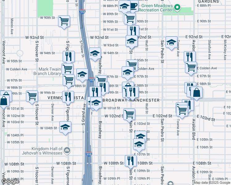 map of restaurants, bars, coffee shops, grocery stores, and more near West 99th Street in Los Angeles