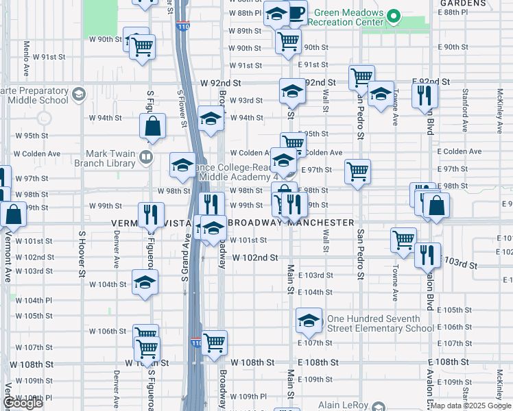 map of restaurants, bars, coffee shops, grocery stores, and more near 205 West 99th Street in Los Angeles