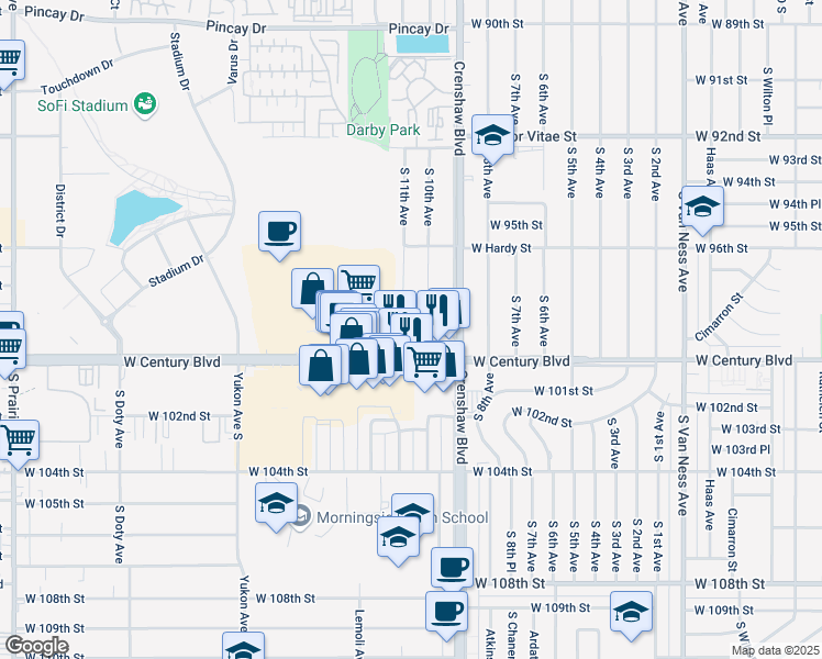 map of restaurants, bars, coffee shops, grocery stores, and more near 3216 West 99th Street in Inglewood