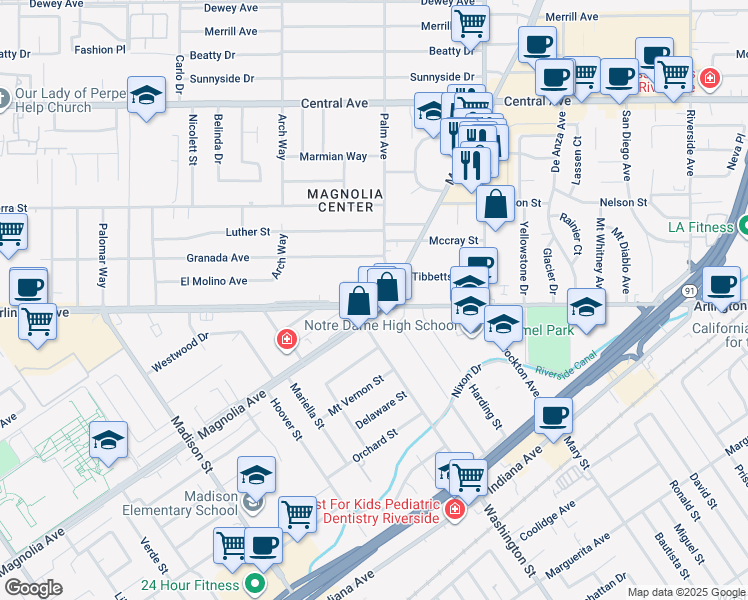 map of restaurants, bars, coffee shops, grocery stores, and more near 6979 Palm Court in Riverside