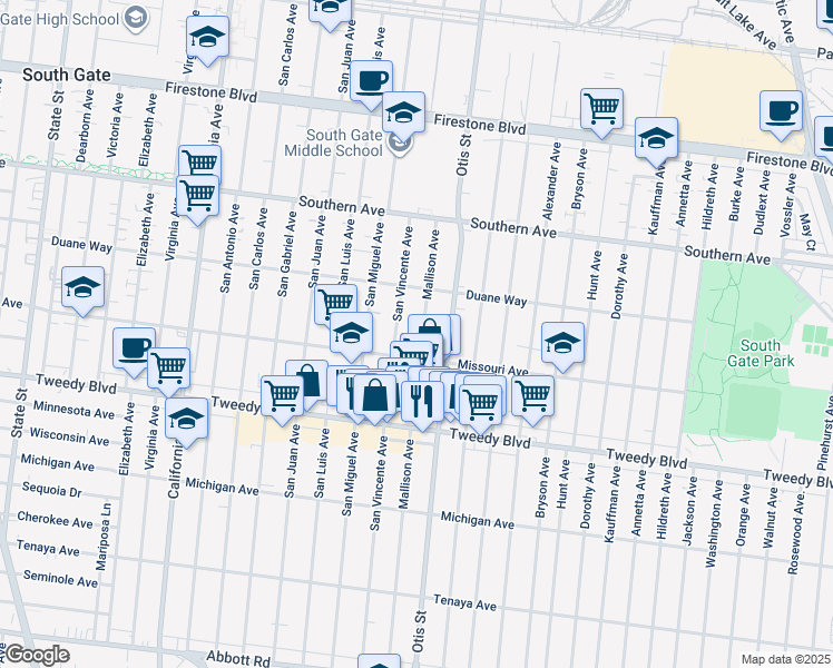 map of restaurants, bars, coffee shops, grocery stores, and more near 9611 Mallison Avenue in South Gate