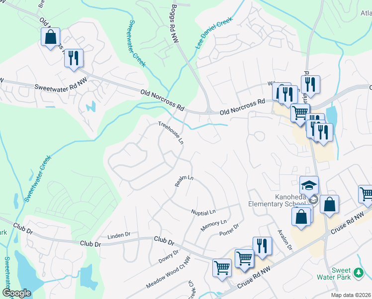 map of restaurants, bars, coffee shops, grocery stores, and more near 2771 Treehouse Lane in Lawrenceville