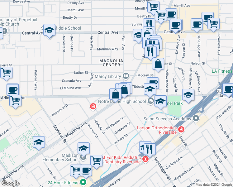 map of restaurants, bars, coffee shops, grocery stores, and more near 6979 Palm Court in Riverside