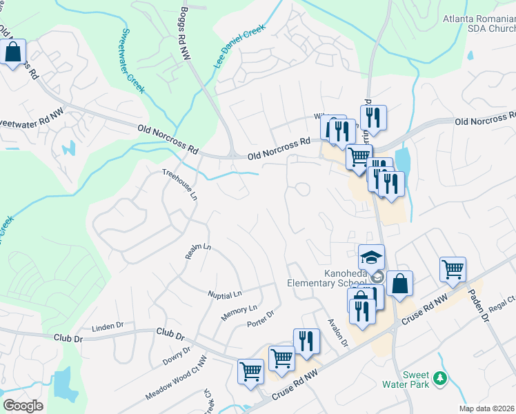 map of restaurants, bars, coffee shops, grocery stores, and more near 1210 Izod Court in Lawrenceville