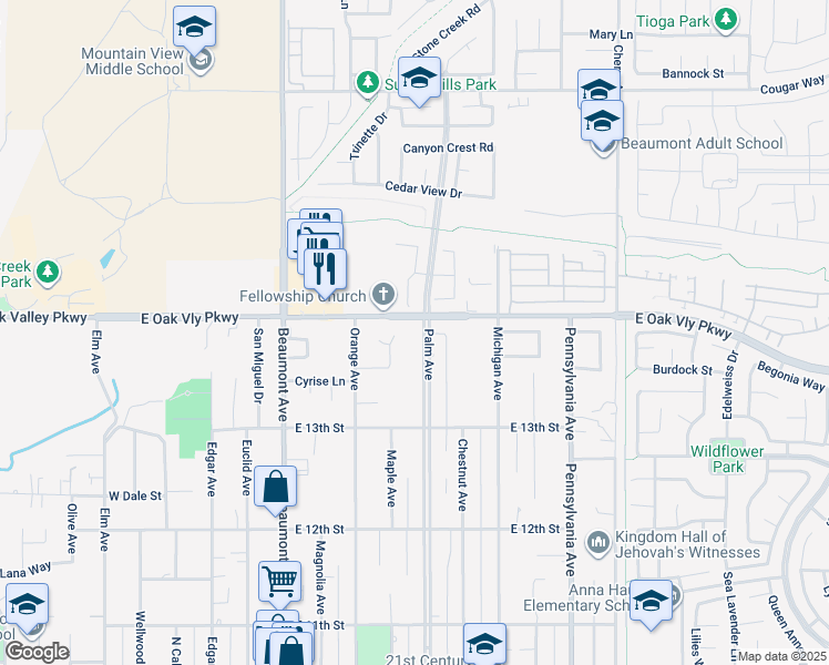 map of restaurants, bars, coffee shops, grocery stores, and more near 1385 Palm Avenue in Beaumont