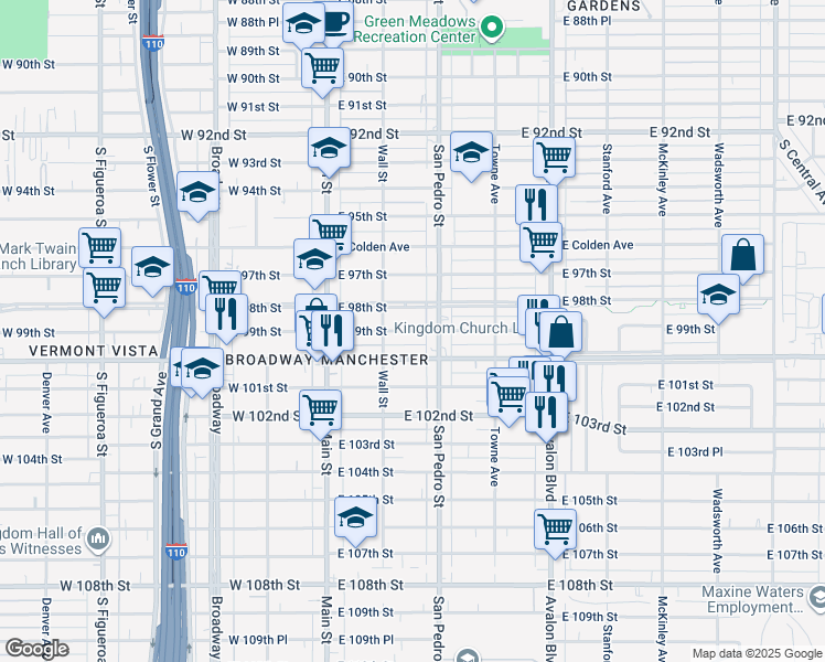 map of restaurants, bars, coffee shops, grocery stores, and more near 232 East 99th Street in Los Angeles