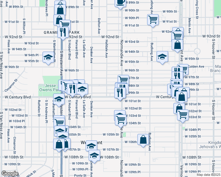 map of restaurants, bars, coffee shops, grocery stores, and more near 1446 West 98th Street in Los Angeles