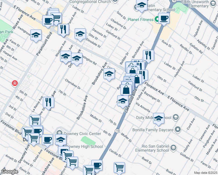 map of restaurants, bars, coffee shops, grocery stores, and more near 10357 Birchdale Avenue in Downey