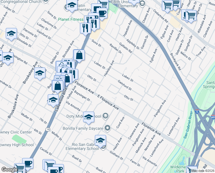 map of restaurants, bars, coffee shops, grocery stores, and more near 10011 Chaney Avenue in Downey