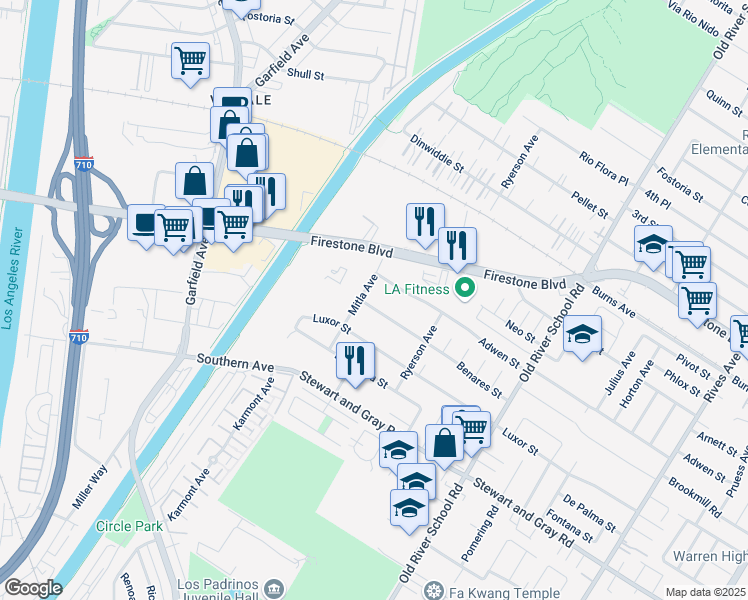 map of restaurants, bars, coffee shops, grocery stores, and more near 7113 Benares Street in Downey