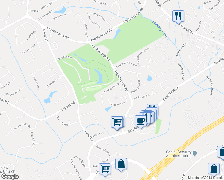 map of restaurants, bars, coffee shops, grocery stores, and more near 4580 Fairway View Court in Duluth