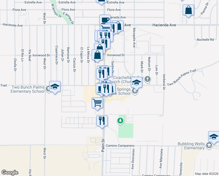 map of restaurants, bars, coffee shops, grocery stores, and more near 14010 Palm Drive in Desert Hot Springs