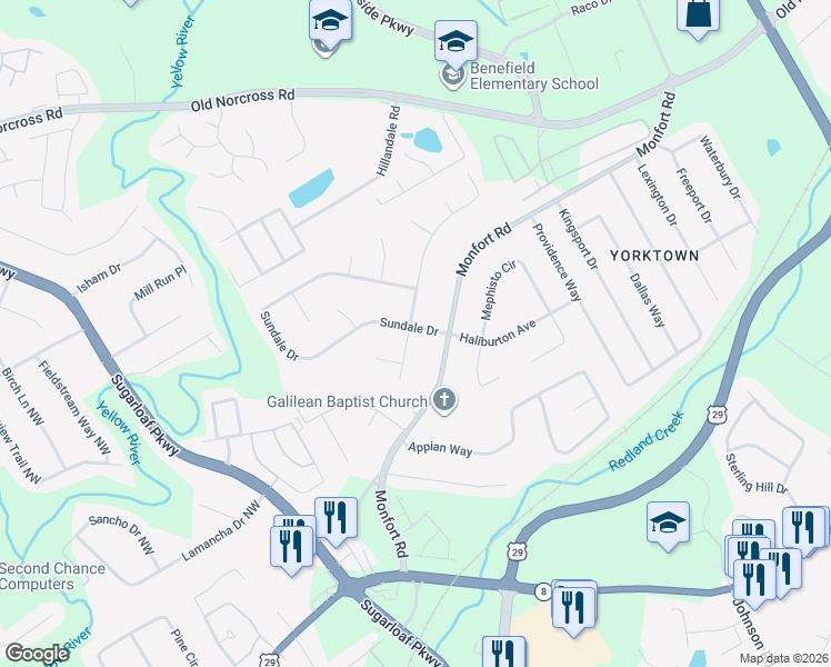 map of restaurants, bars, coffee shops, grocery stores, and more near 1350 Sundale Drive in Lawrenceville