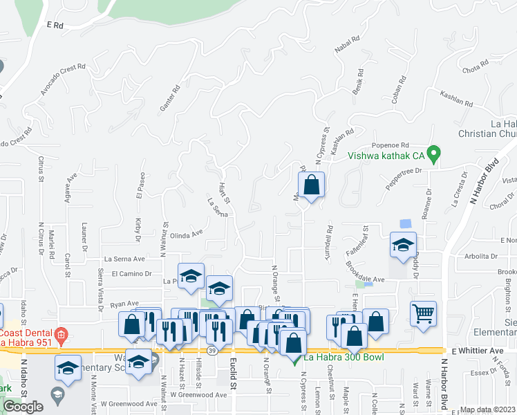 map of restaurants, bars, coffee shops, grocery stores, and more near 1437 Mayapan Road in La Habra Heights