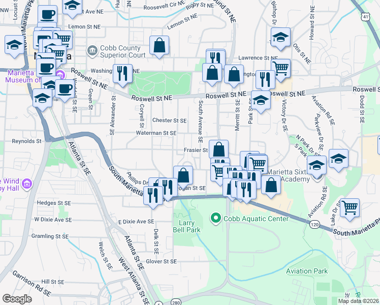 map of restaurants, bars, coffee shops, grocery stores, and more near 404 Prosper Circle in Marietta