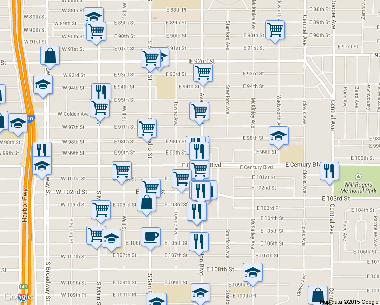 map of restaurants, bars, coffee shops, grocery stores, and more near 432 East 99th Street in Los Angeles