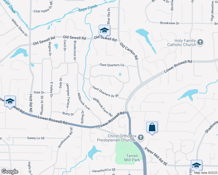 map of restaurants, bars, coffee shops, grocery stores, and more near 134 Gant Quarters Ln in Marietta