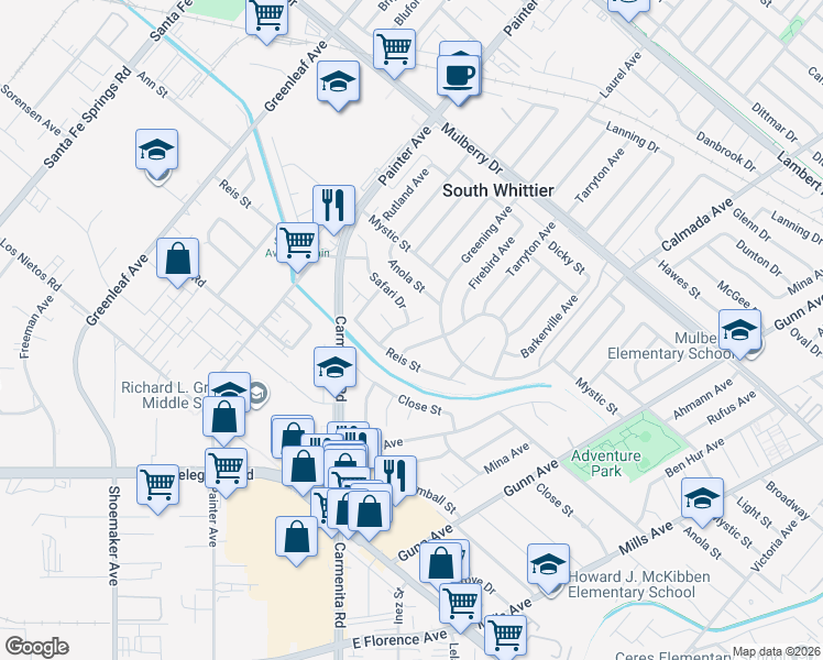 map of restaurants, bars, coffee shops, grocery stores, and more near 9824 Hawkstone Avenue in Whittier