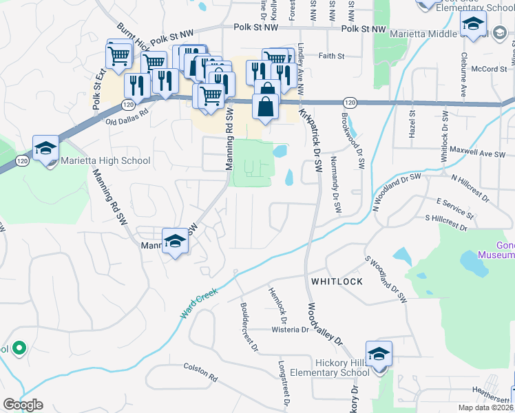 map of restaurants, bars, coffee shops, grocery stores, and more near 236 Conrad Court Southwest in Marietta